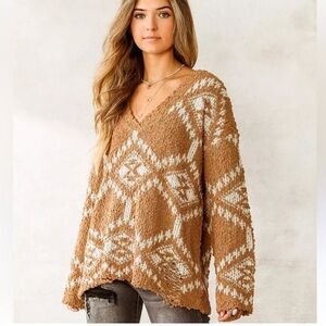 HYFVE BUCKLE Deconstructed Popcorn Knit Sweater Chunky Oversized Camel White SM